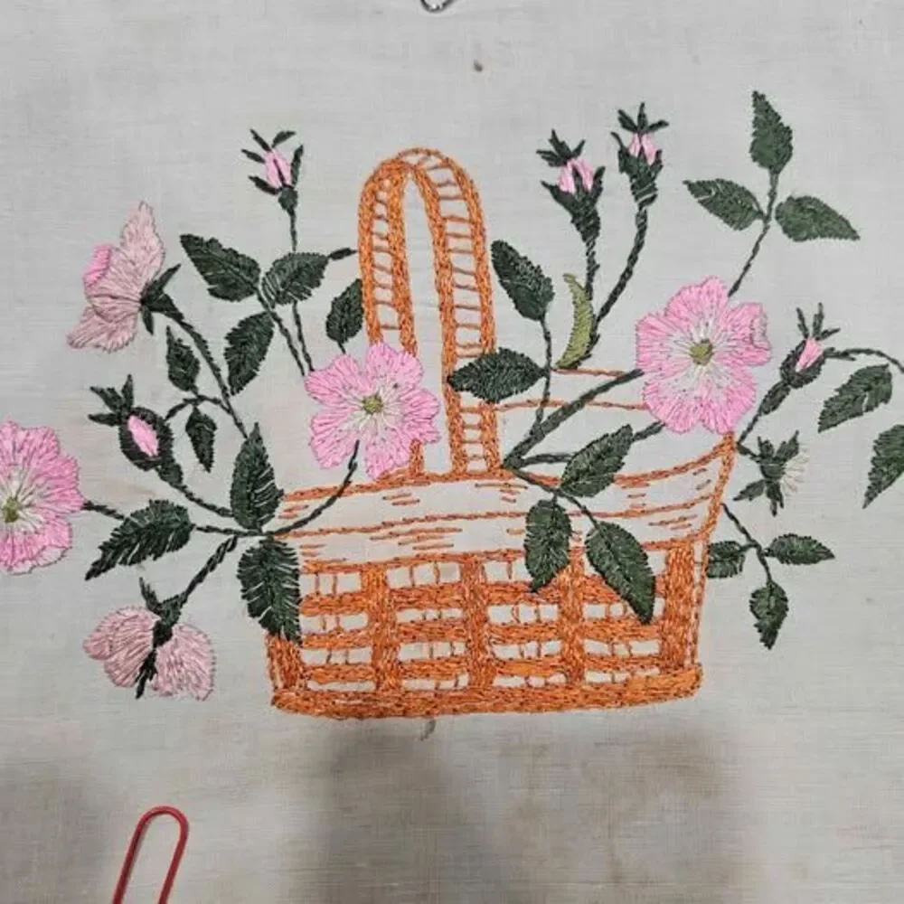 Handmade Embroidered Floral Basket Fabric